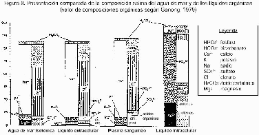 Figura 8. Presentacin comparada de la composicin salina del agua de mar y de los lquidos orgnicos (valor de composiciones orgnicas segn Ganong, 1979).